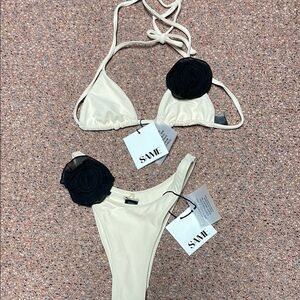 SAME Los Angeles Brand New Cream Bikini Set with Black Floral Accents